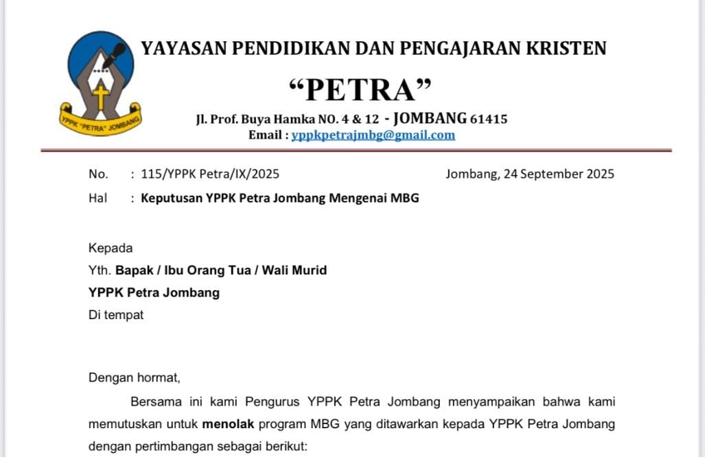 Surat dari Yayasan Petra Jombang yang viral di Medsos