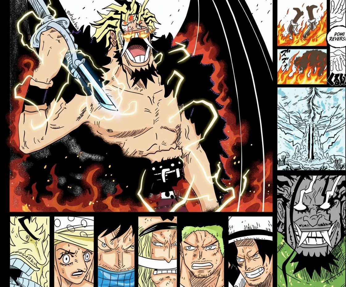 Spoiler Manga One Piece 1163 yang menunjukkan panel Rocks D Xebec berubah menjadi iblis dampak dari domi reversi Imu