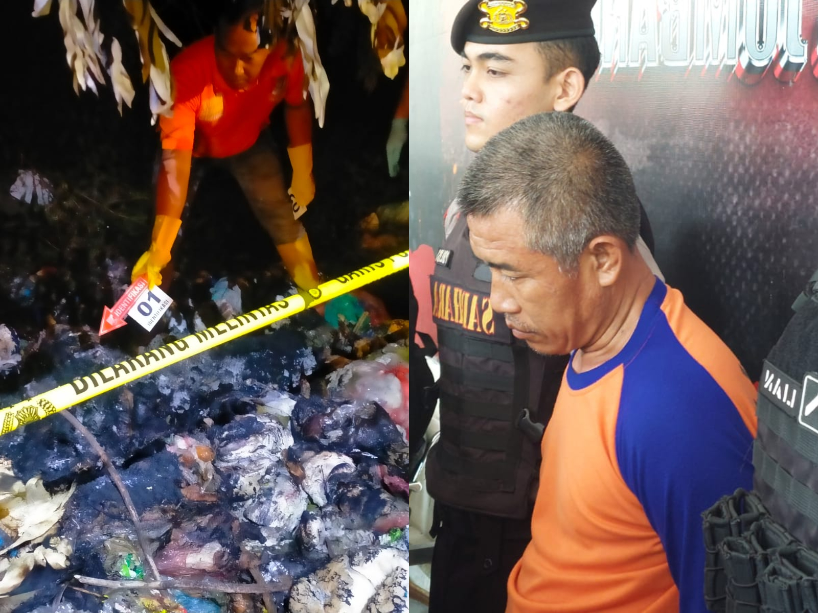 Polisi olah tkp di lokasi penemuan jasad korban (kiri) dan Suwarno, pelaku pembunuhan lansia di Jombang (kanan)