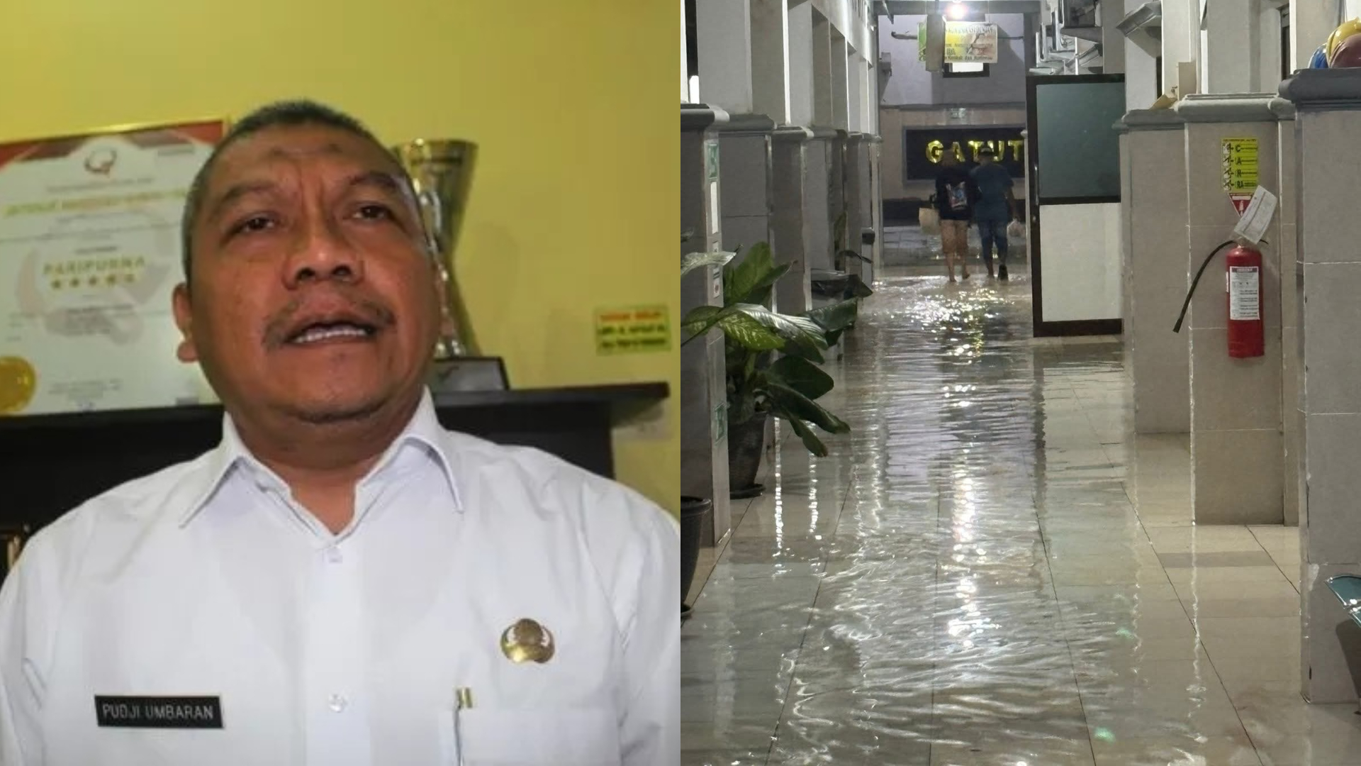 Hujan lebat yang mengguyur Jombang, Senin (10/11) petang, membuat area Gedung Gatotkaca RSUD Jombang sempat tergenang.