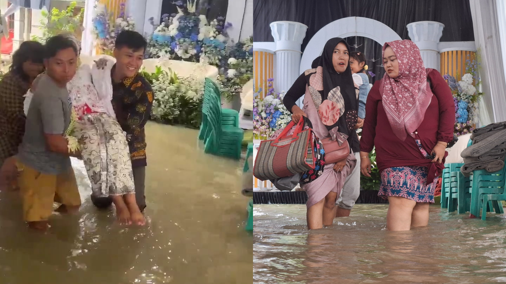 Momen saat pengantin digendong karena kondisi banjir di Ploso, Jombang