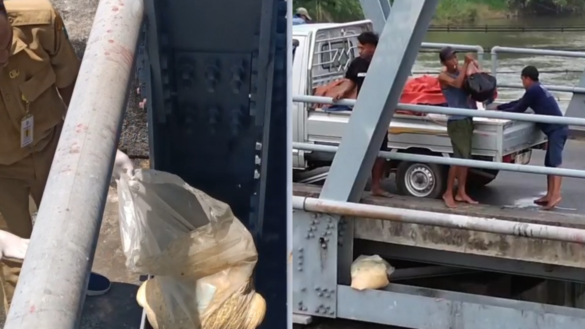 Petugas DLH mengecek sisa limbah buangan limbah di Jembatan Lama Ploso