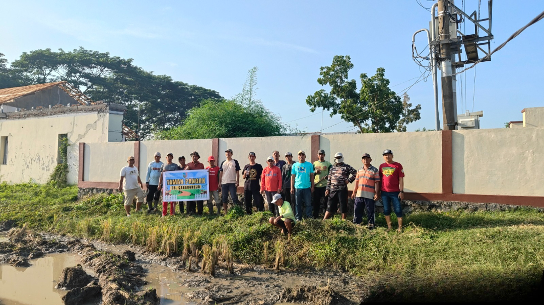 UNTUK WARGA DESA: Kepala Desa Carangrejo Supriaji bersama jajaran perangkat desa, BPD dan Poktan saat kerja bakti di lokasi Taman Pangan.  &nbsp;