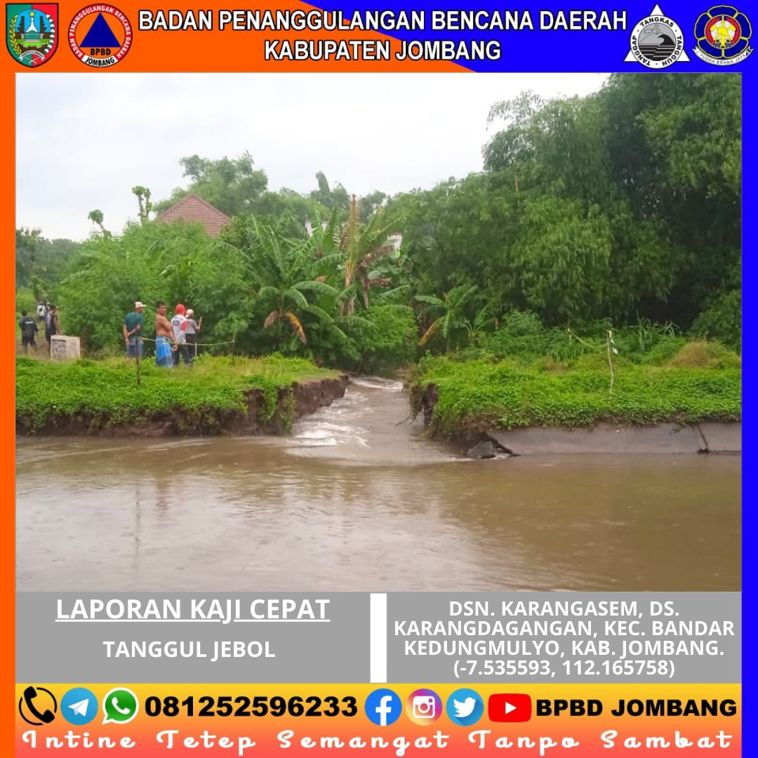 Tanggul Sungai Mrican di Dusun Karangasem, Desa Karangdagangan, Kecamatan Bandar Kedungmulyo, jebol, Sabtu (10/1) pukul 15.00 WIB.