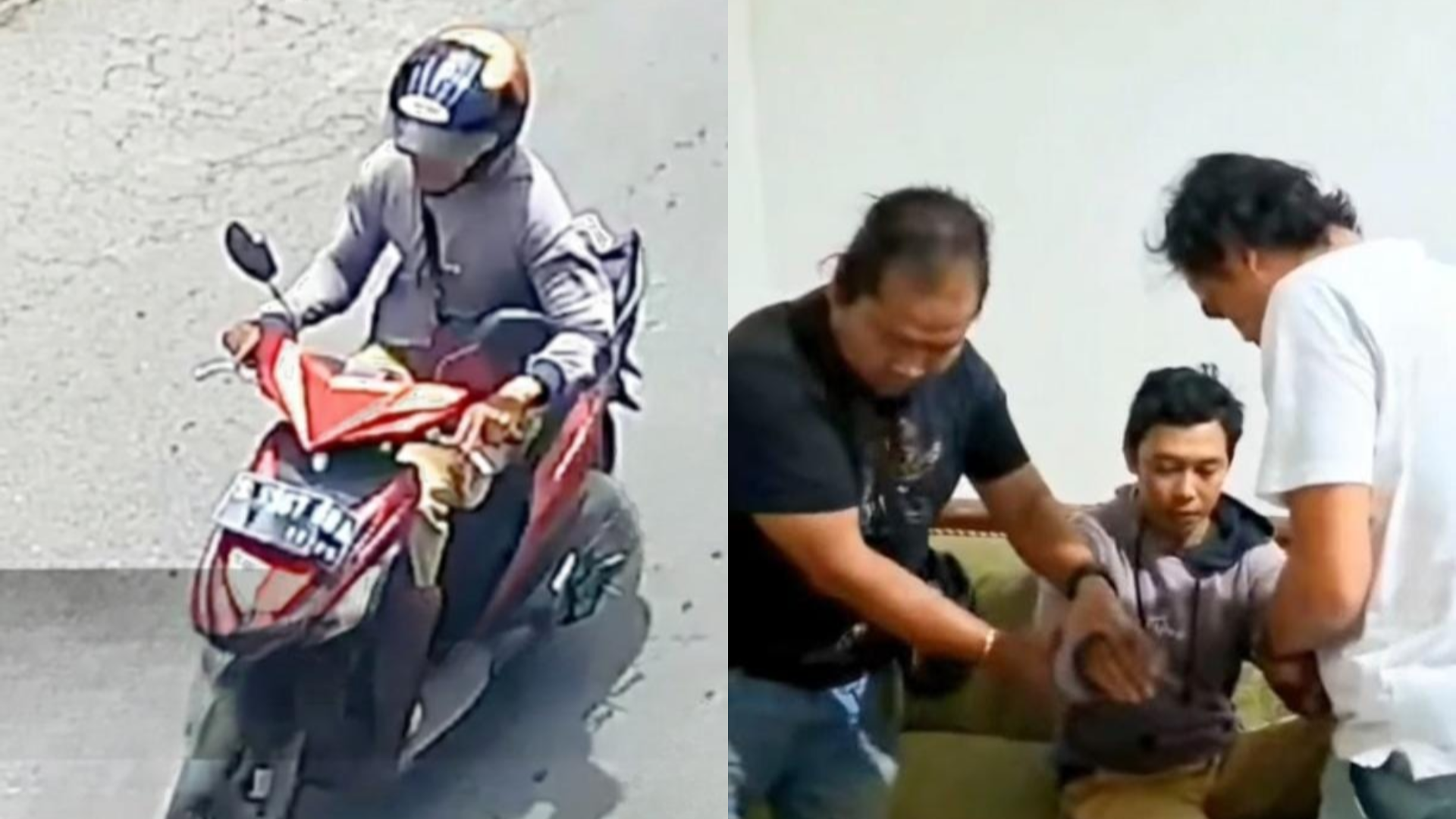Jambret saat beraksi (kiri) dan saat dibekuk polisi di rumahnya (kanan)