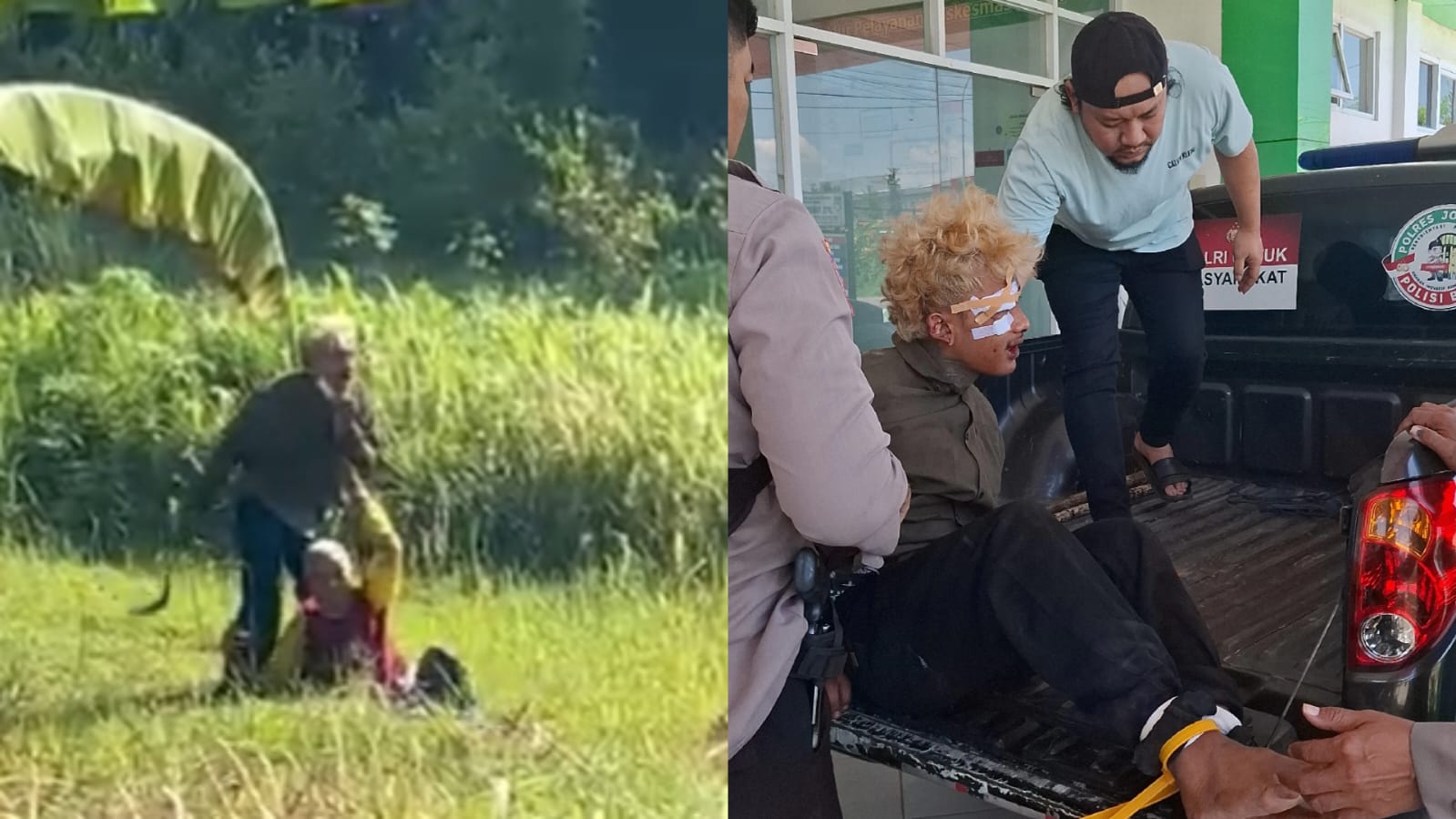 Aksi pembacokan yang dilakukan anjal kepada seorang pencari rumput di pwrak jombang dan pelaku yang bonyok usai dimassa