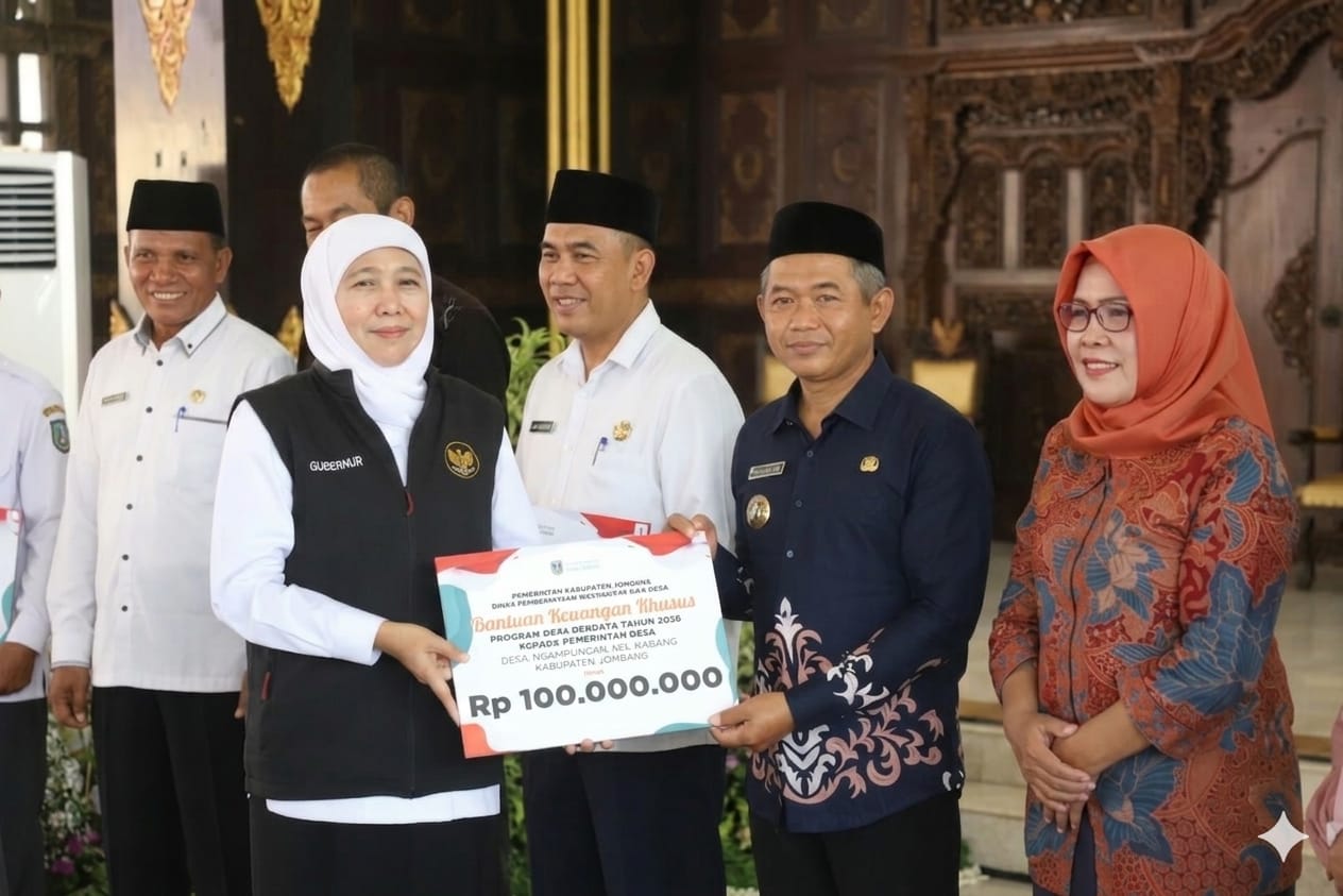 DUKUNG PEMBERDAYAAN DESA: Kepala Desa Ngampungan Rohan saat menerima BKK program Desa Berdaya dari Gubernur Jawa Timur Khofifah Indar Parawansa di Pendopo 