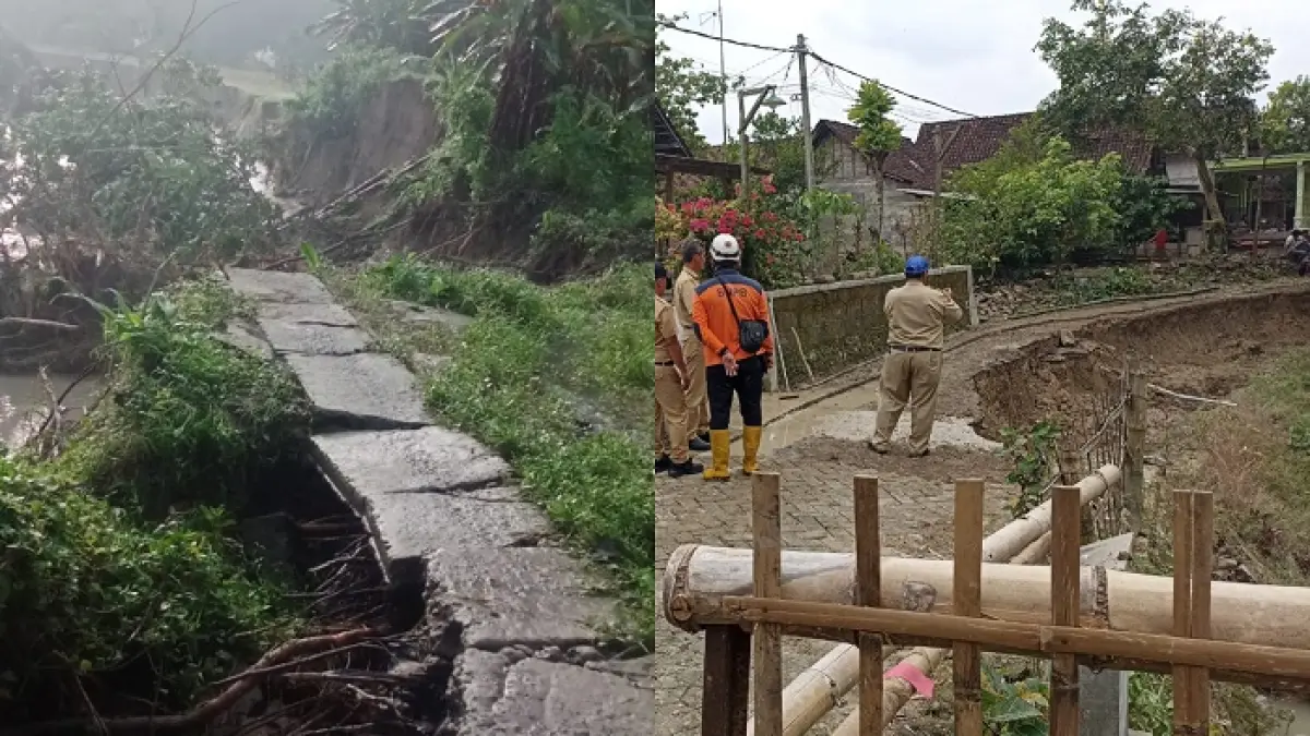 dua akses poros di&nbsp;Desa Klitih dan Desa Jiporapah, Kecamatan Plandaan kini terputus akibat longsor yang tergerus banjir.