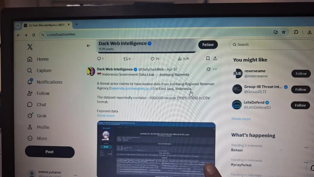 cuplikan 100 ribu data dari Badan Pendapatan Daerah (Bapenda) Jombang disebut tengah bocor dan dijual bebas di darkweb.