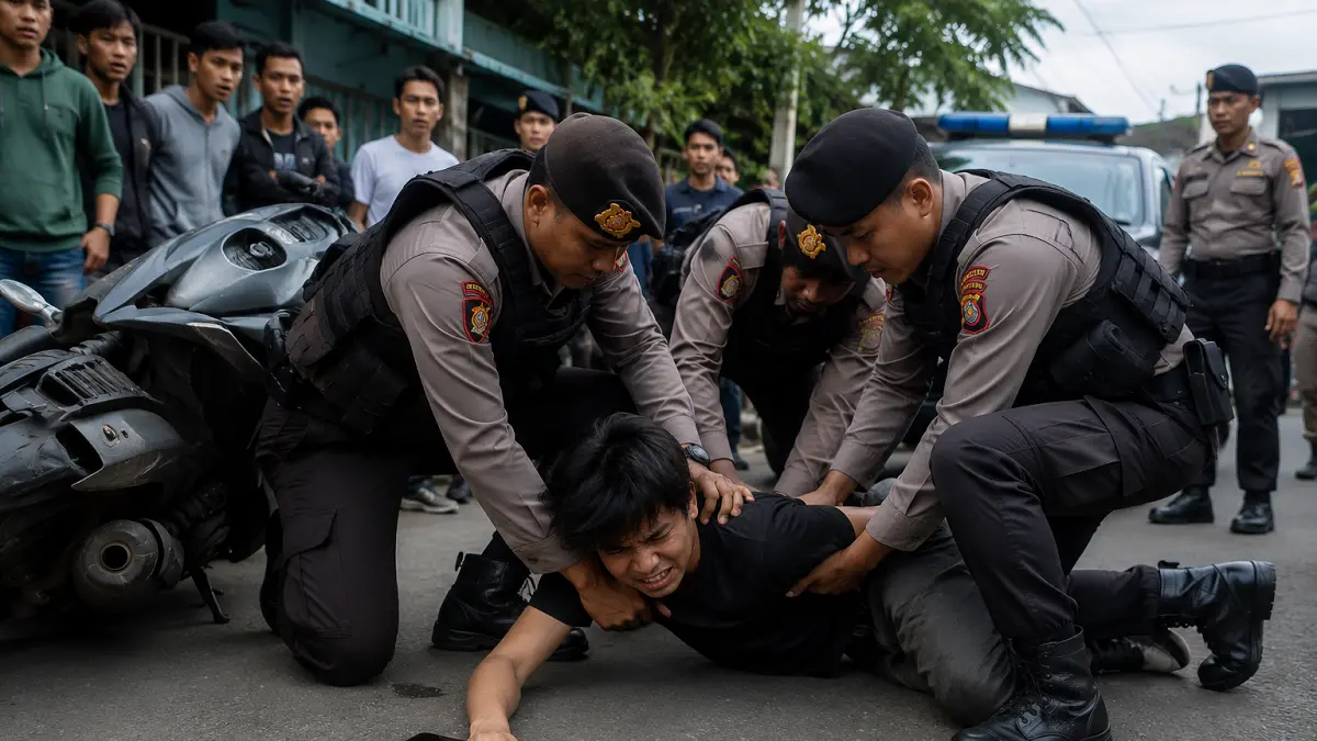 Polisi mengamankan warga pelaku perampasan hp (AI)