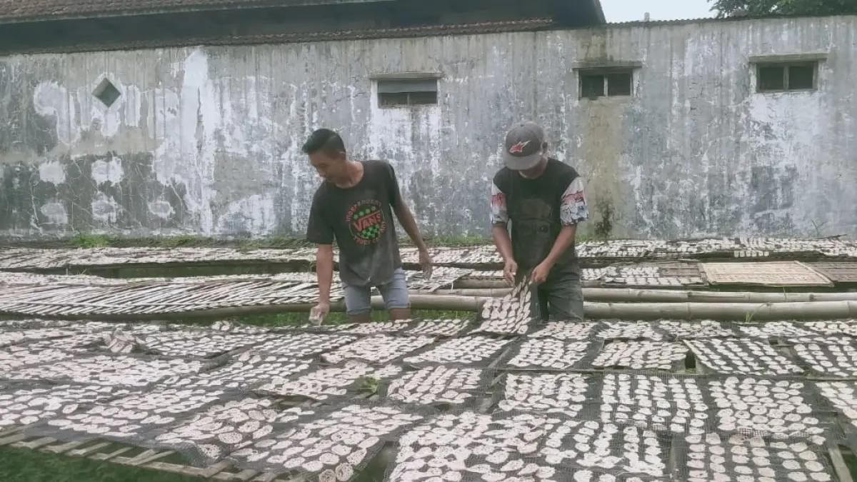 TRADISIONAL: Produksi kerupuk di Desa Segodorejo, Kecamatan Sumobito tetap menggunakan peralatan tradisional untuk menjaga cita rasa, kemarin.