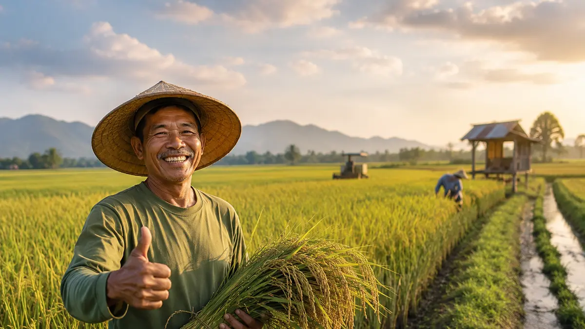 ilustrasi petani tersenyum karena dapat insentif (AI)