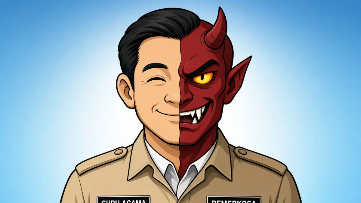 Ilustrasi guru yang dikenal agamis namun jadi pelaku kekerasan seksual (AI generated)