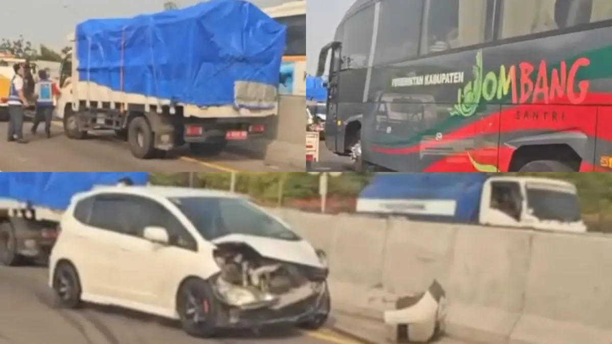 Truk dan Bus milik Pemkab Jombang terlibat kecelakaan di KM 725 Tol Surabaya Mojokerto wilayah Gresik, Jumat (11/9) siang.