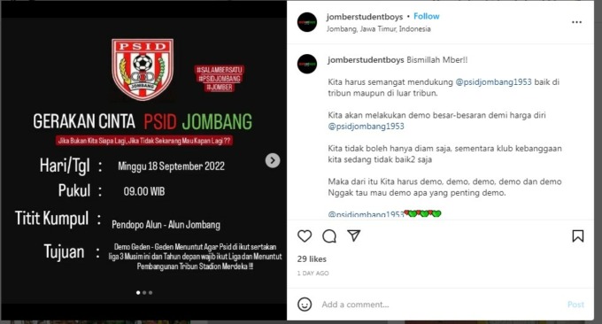 Tangkapan layar unggahan @jombangstudentboys tentang ajakan demo.