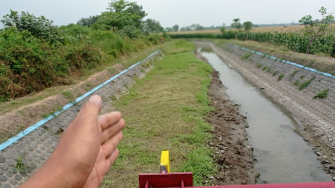 Sedimen yang menutup sebagian penampang air di Saluran Tejo Selatan