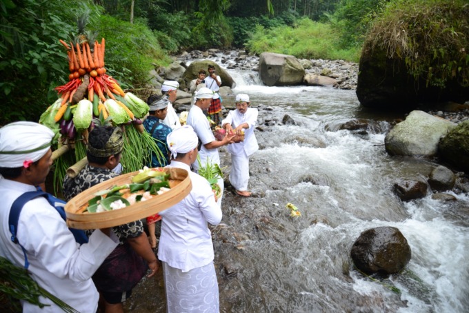 Prosesi larung dalam upacara melasti yang dilaksanakan warga pemeluk Hindu di Kecamatan Wonosalam