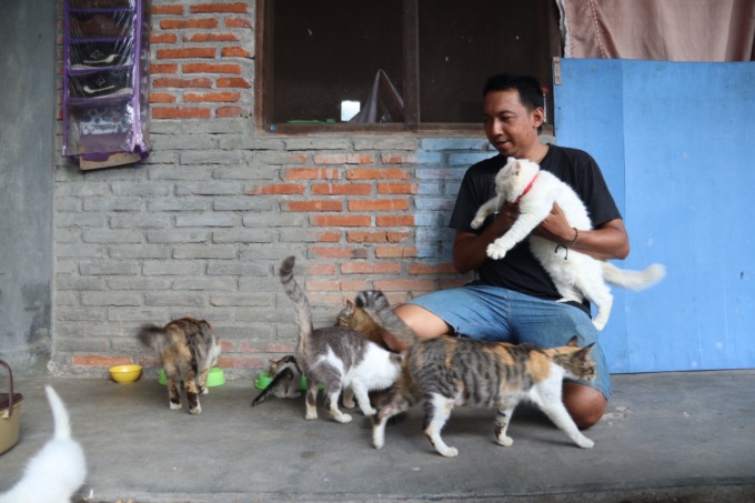 Rahmad Hatno Syarif warga Kwijenan Jelakombo, sedang bermain bersama kucing peliharaannya.