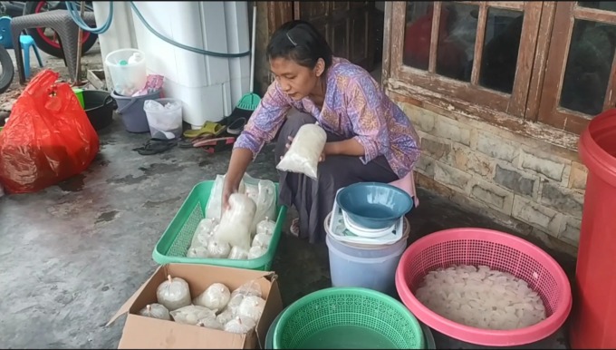 Pedagang kolang-kaling di Desa Sambongdukuh sedang mengemas dagangannya.