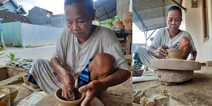 TANGGUH: Jasmi, saat membuat kuali di halaman depan rumahnya Kelurahan Karang, Kecamatan Semanding. (Zidni Ilman Nafia/Radar Tuban)