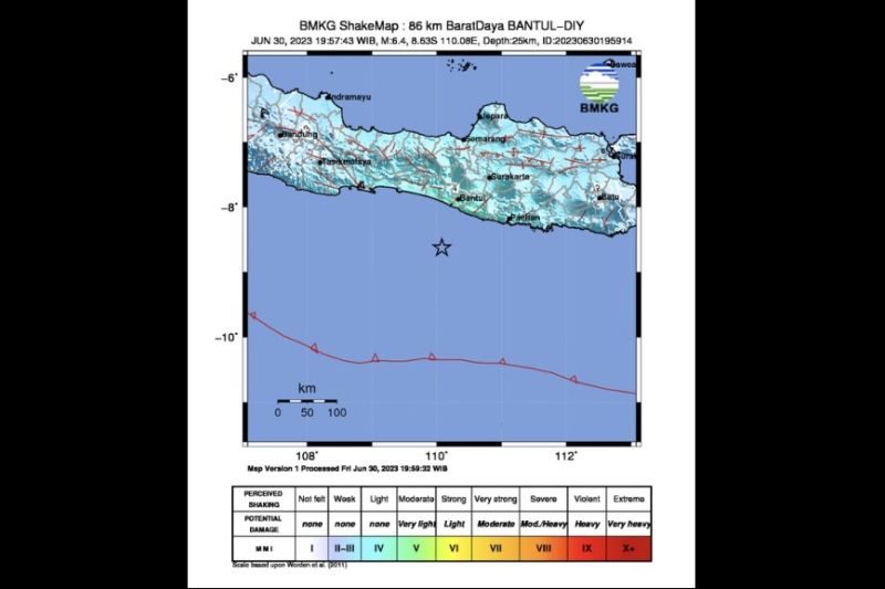 BMKG melaporkan Peta sebaran getaran gempa bumi magnitudo 6,4 yang mengguncang Yogyakarta dan sekitarnya, Jumat (30/6/2023). (ANTARA/HO-BMKG).