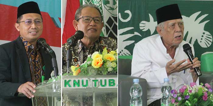 Dari kiri, Rektor IIKNU Tuban Dr H Miftahul Munir, SKM, M.Kes, DIE, Ketua Senat IIKNU Tuban Ir. H. Noor Nahar Hussein, M.Si, dan KH Cholilurrohman