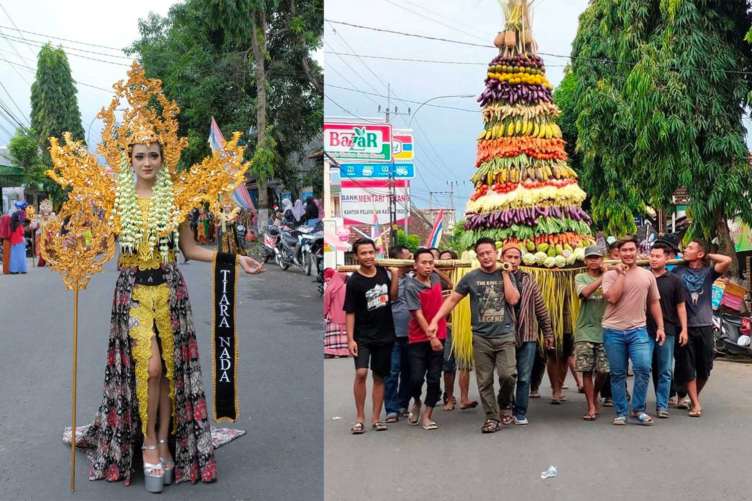 URI-URI BUDAYA: Warga Desa Wotsogo, Kecamatan Jatirogo mengirab gunungan hasil bumi Sabtu (8/7). Foto kiri, pawai budaya yang menampilkan berbagai potensi budaya dan seni.