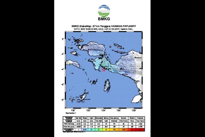 Tangkapan layar Peta pusat gempa M5,3 di wilayah pantai selatan Kaimana, Papua Barat, Senin (2/10/2023). (ANTARA/HO-BMKG)