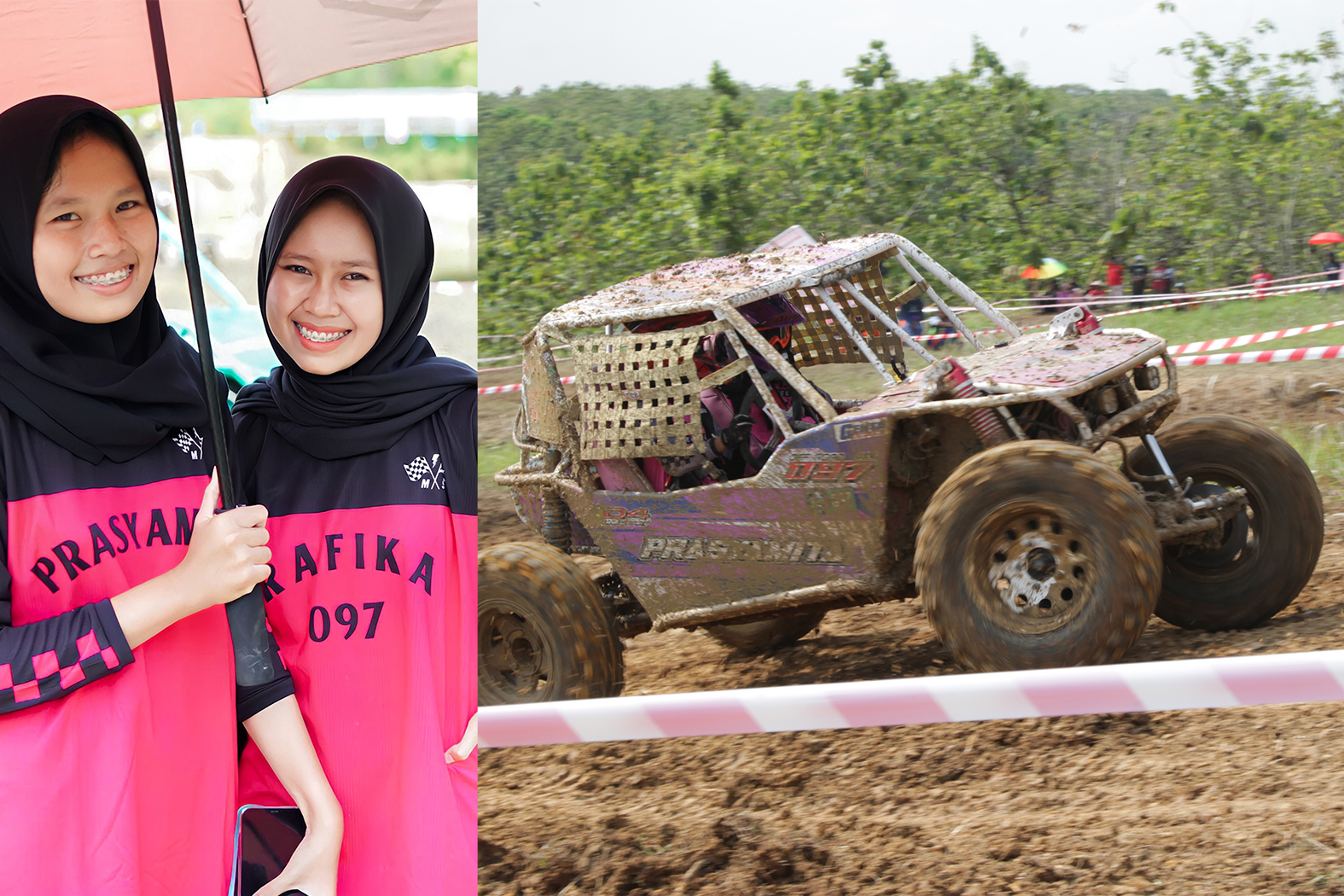 MENANTANG ANDRENALIN: Rafika mengendari mobil offroad saat mengikuti Kejurda Racing Adventure Round 3 pada September 2022 lalu. Insert, Rafika (kanan) bersama adiknya.