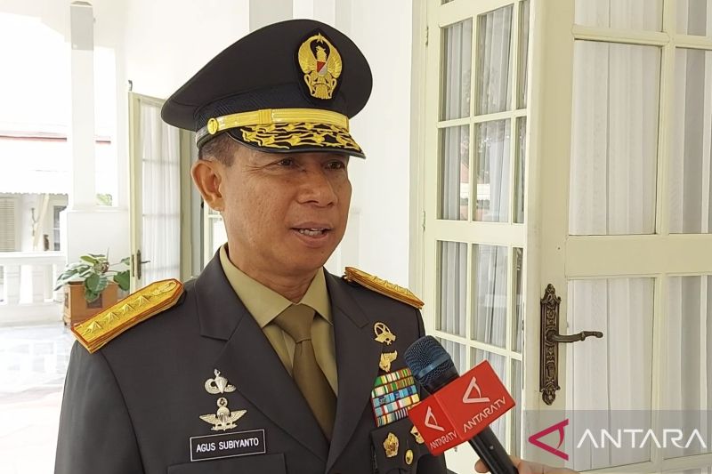 Panglima TNI Jenderal TNI Agus Subiyanto saat menyampaikan pernyataan kepada wartawan usai dilantik menjadi Panglima TNI oleh Presiden Joko Widodo di Istana Negara Jakarta, Rabu (22/11).