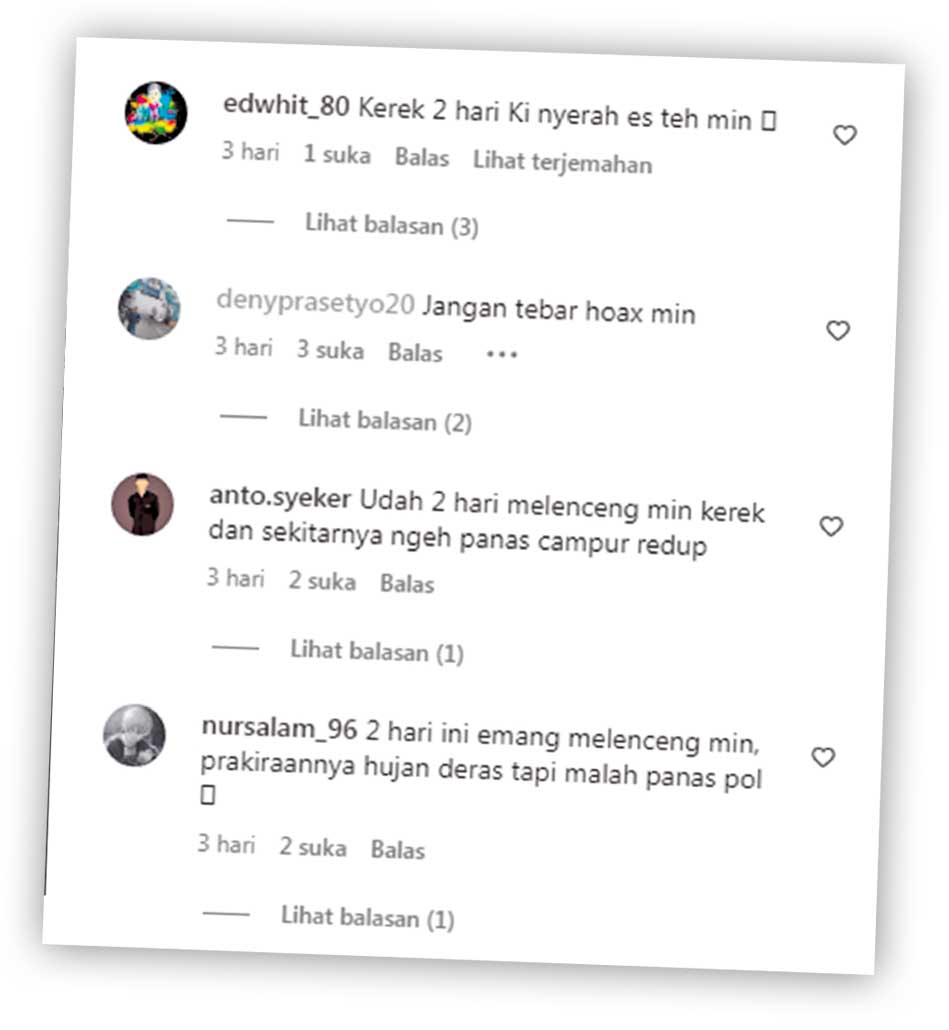 Tangkapan layar sejumlah warganet memberikan komentar di akun sosial media BMKG.