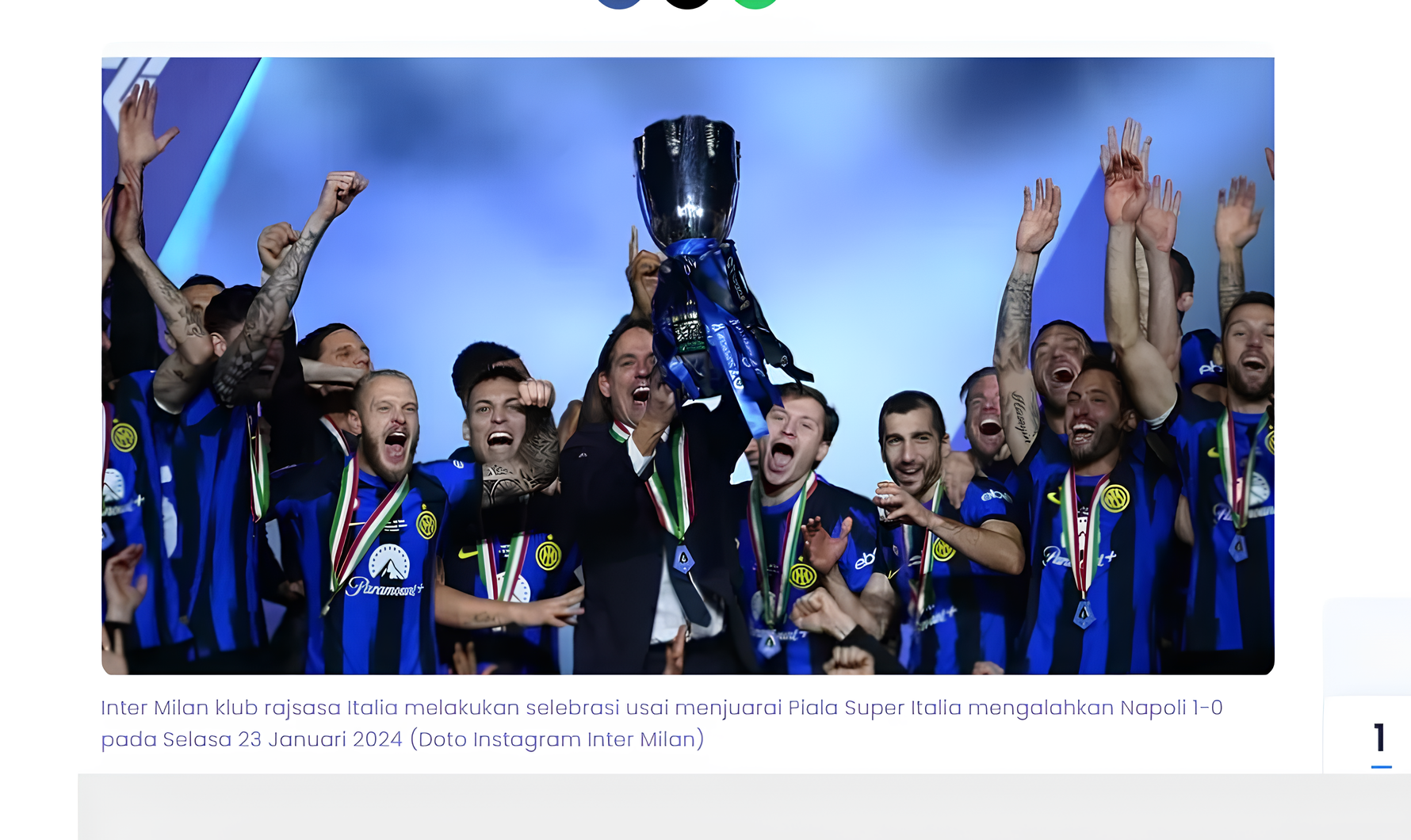 Momen selebrasi Inter Milan usai menjadi juara Piala Super Italia mengalahkan Napoli 1-0, Selasa (23/1)