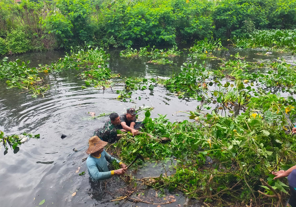Warga dan TNI terjun di Sungai Plimbungan di Desa Jenggolo, Kecamatan Jenu untuk membersihkan eceng gondok dan sampah yang menyumbat, Rabu (7/2).