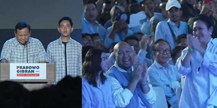 Prabowo menyapa Titiek Soeharto dalam sambutan pidato kemenangan di Istora Senayan Jakarta pada Rabu malam (14/2).