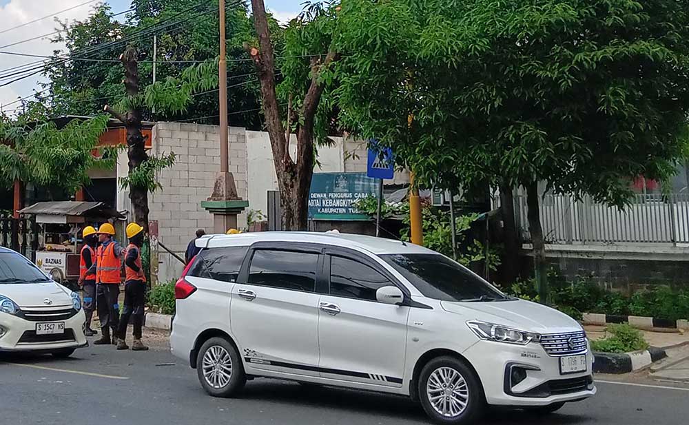 ANTISIPASI: ULP PLN Tuban menebang pohon di Jalan Wahidin Sudirohusodo, Tuban.