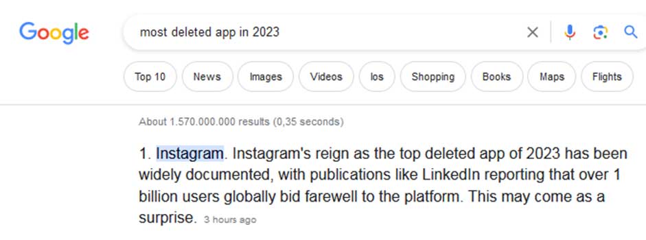 Kolom google pencarian yang menunjukkan Instagram menjadi aplikasi paling banyak dihapus di 2023.