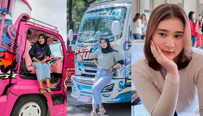 UNIK: Fradila saat ngonten tentang truk untuk unggahan medsosnya.