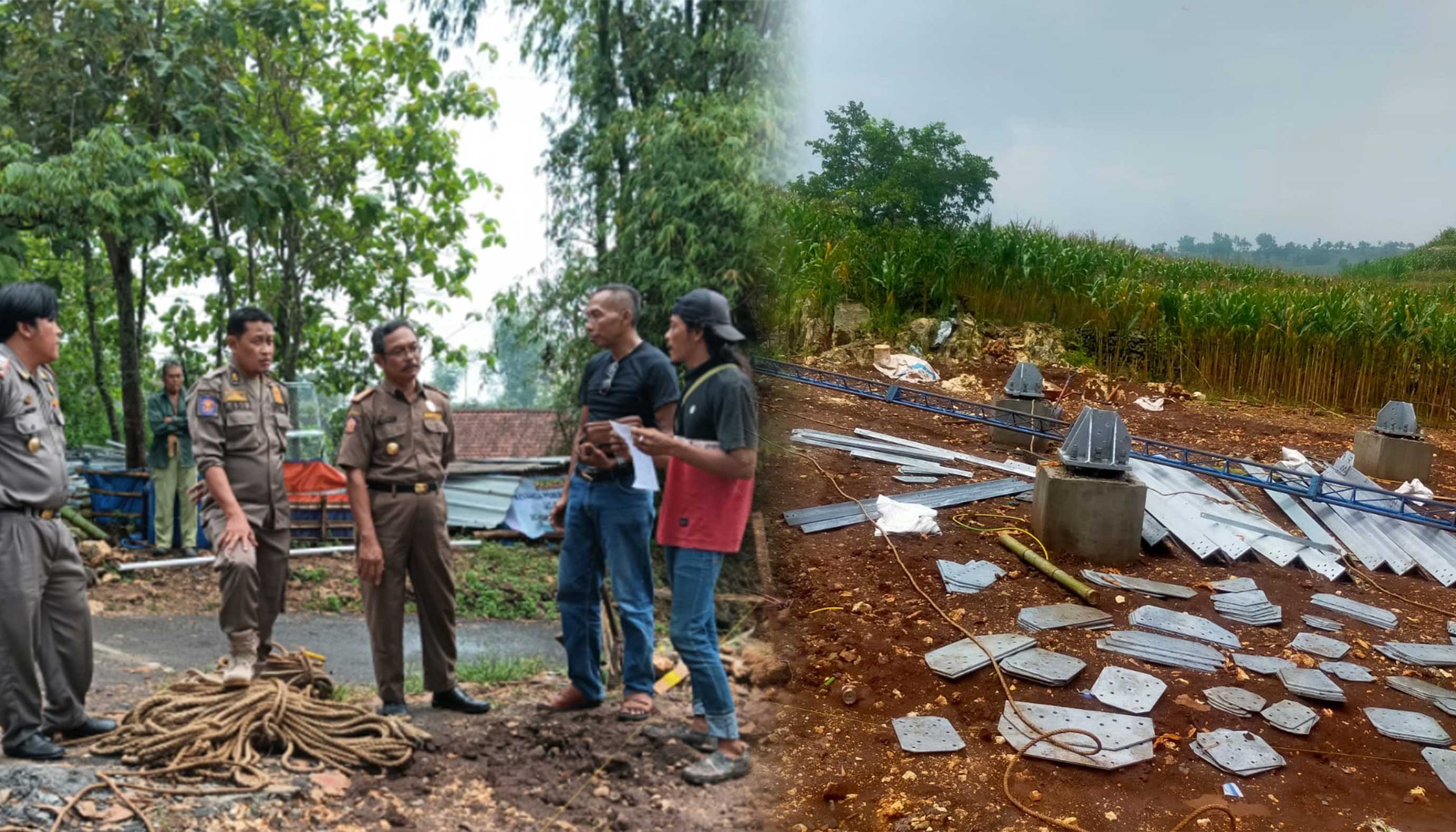 BERDIRI ILEGAL: Petugas Satpol PP dan Damkar Tuban menghentikan pembangunan menara tower seluler di Desa Ngarum, Kecamatan Grabagan karena belum mempunyai surat perizinan.