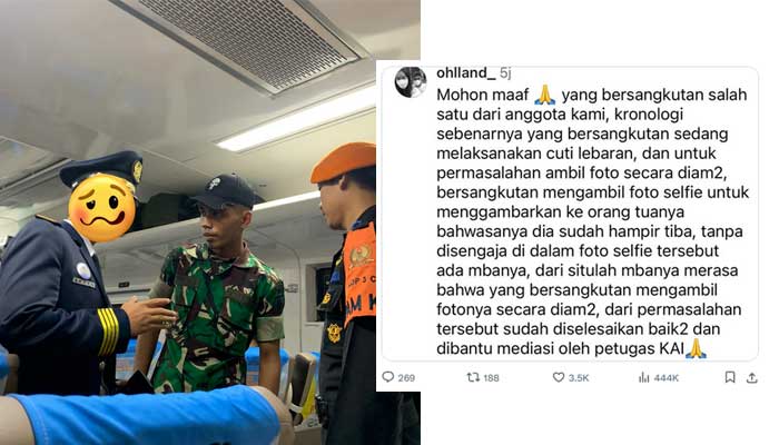 Tangkapan layar video saat seorang TNI memfoto salah seorang penumpang perempuan di kereta api, dan tulisan klarifikasi teman TNI tersebut di X.