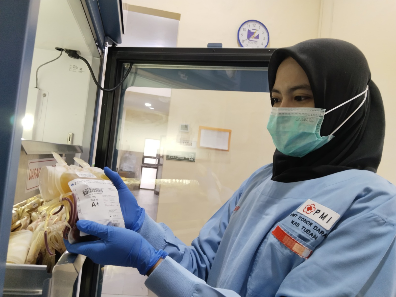Petugas Unit Donor Darah Palang Merah Indonesia (UDD PMI) Tuban saat memeriksa stok darah.