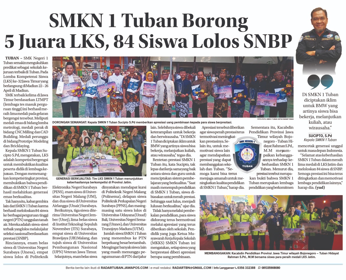 SMKN 1 Tuban Borong 5 Juara LKS, 84 Siswa Lolos SNBP