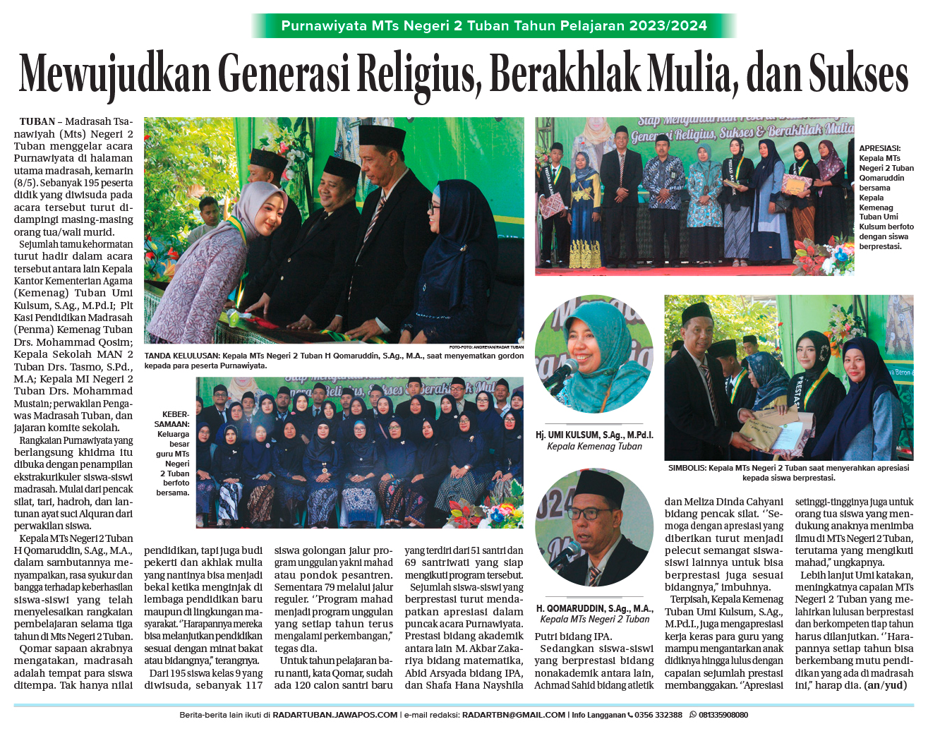 Purnawiyata MTs Negeri 2 Tuban Tahun Pelajaran 2023/2024 Mewujudkan Generasi Religius, Berakhlak Mulia, dan Sukses