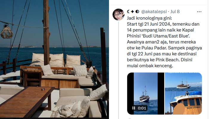 Tangkapan layar cuitan tentang Kapal Phinisi Budi Utama/East Blue tenggelam pada 22 Juni 2024 di Labuan Bajo.