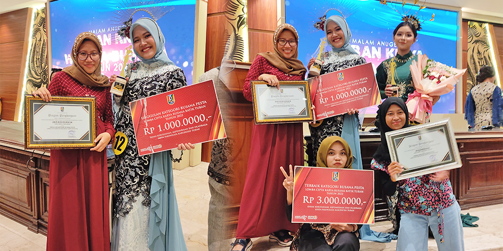 BANGGA: Anis Khoirunnisa bersama timnya menerima penghargaan Lomba Cipta Karya Busana Batik Tuban 2022 dari Disbuudporapar Tuban.