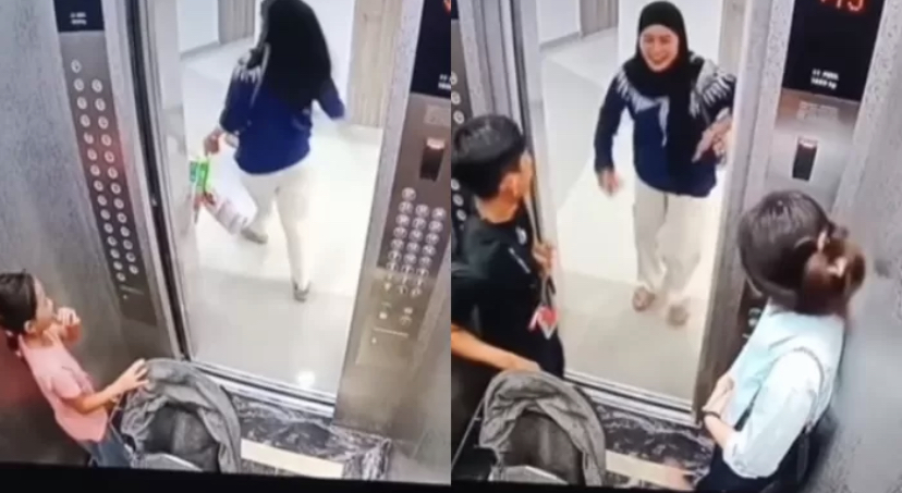 CCTV yang menayangkan seorang ibu meninggalkan anaknya di lift