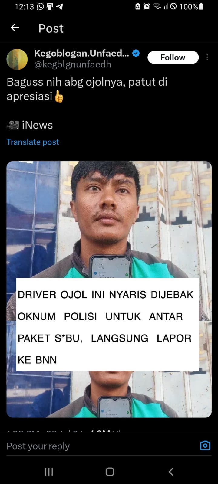 Seorang pengemudi ojek online (ojol) di Lampung mengaku nyaris menjadi korban skema jahat oknum polisi untuk mengantarkan paket sabu-sabu.
