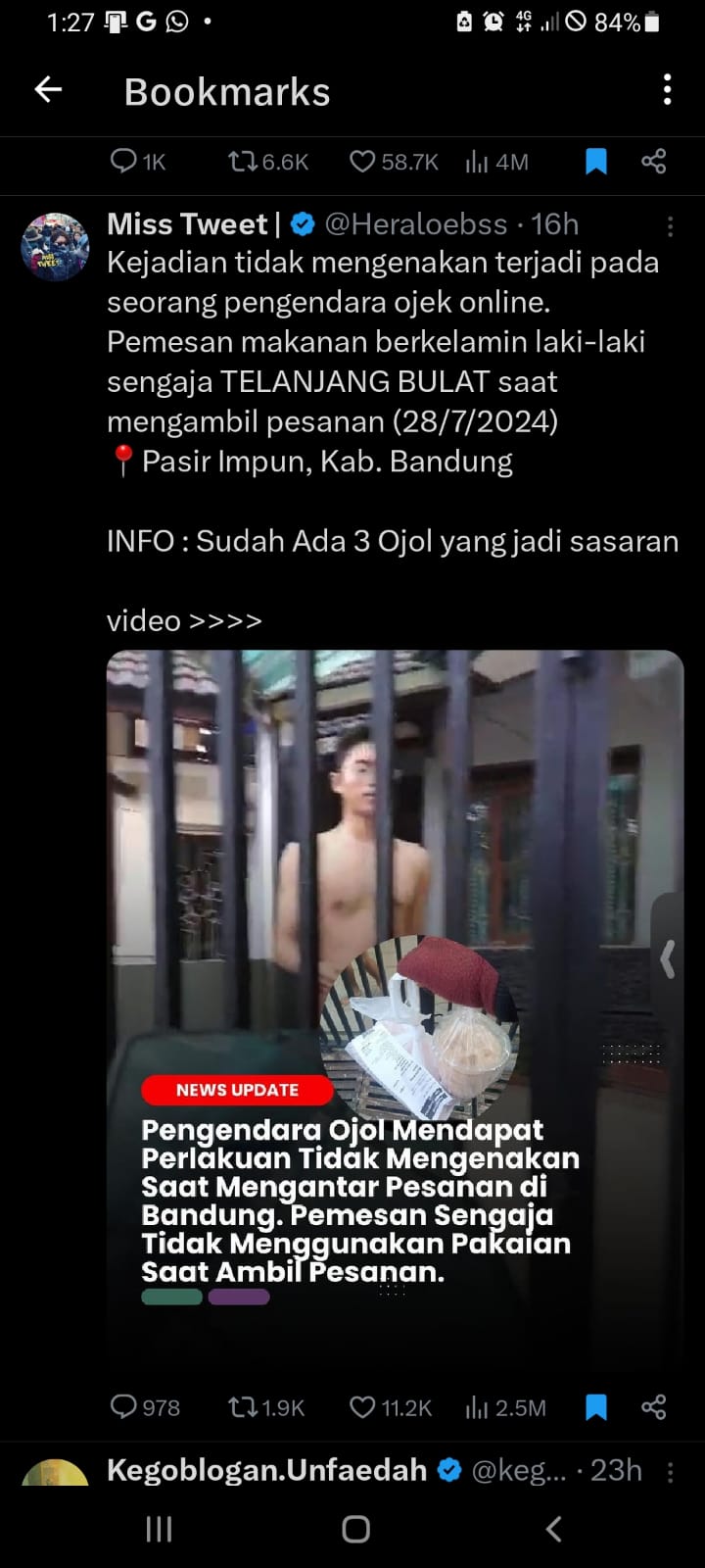 Unggahan viral konsumen menerima pesanan makanan Ojol dengan telanjang.