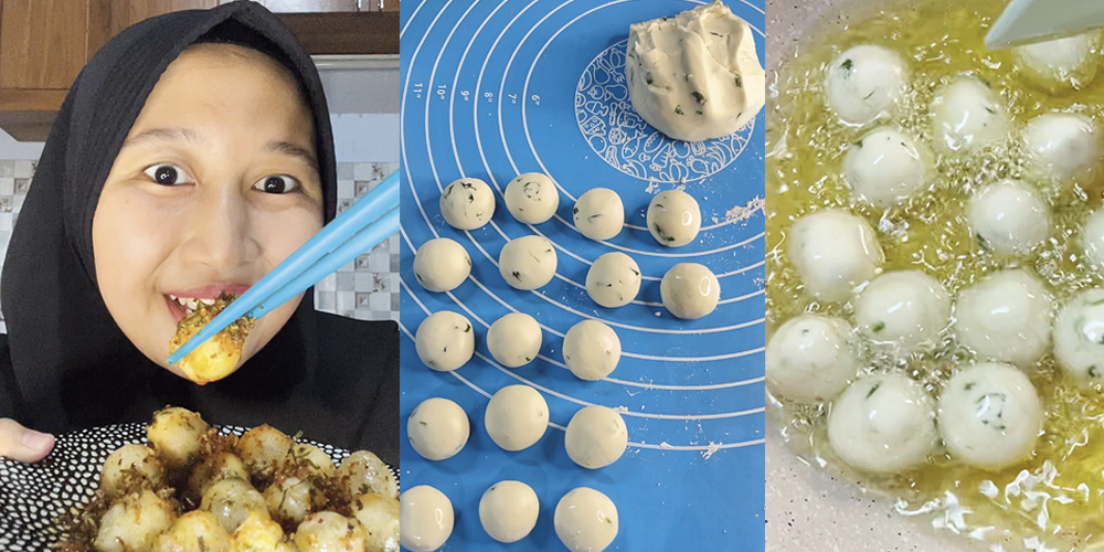 Membuat cimol bojot dengan bumbu pedas yang melimpah.