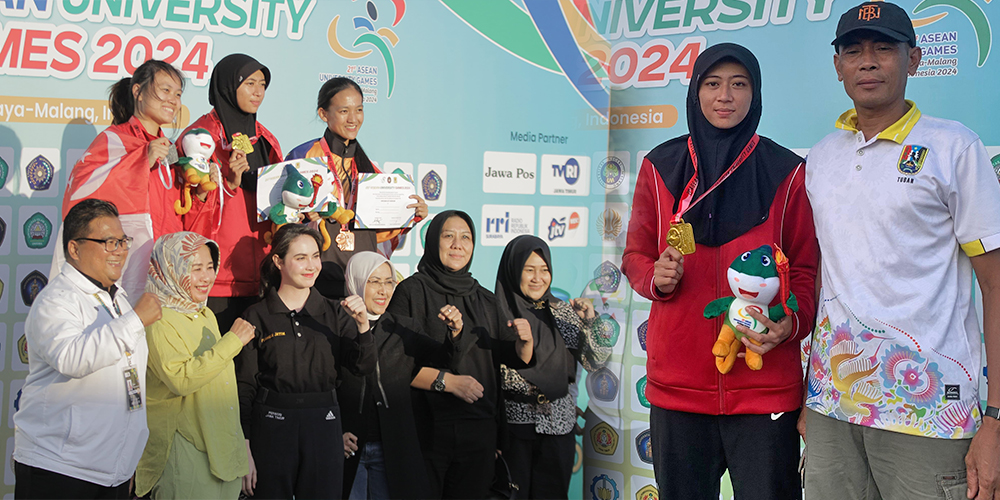 Nabilah Fafriliani Ardiyansyah bersamaayahnya usai meraih medali emas nomor lompat tinggi pada ASEAN University Games 2024 di Surabaya.