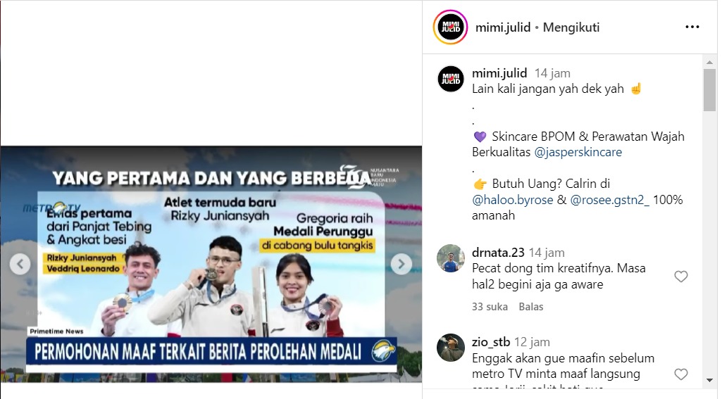 Metro TV akhirnya mengeluarkan permintaan maaf resmi setelah menyebut medali yang diraih oleh pebulutangkis Indonesia Gregoria Mariska Tunjung sebagai giveaway.
